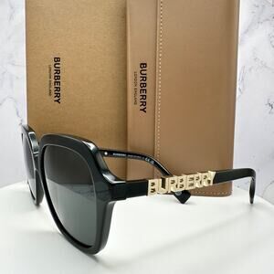 New Burberry Sunglasses Black Square Gold Metal Cut Out BURBERRY Logo Womens